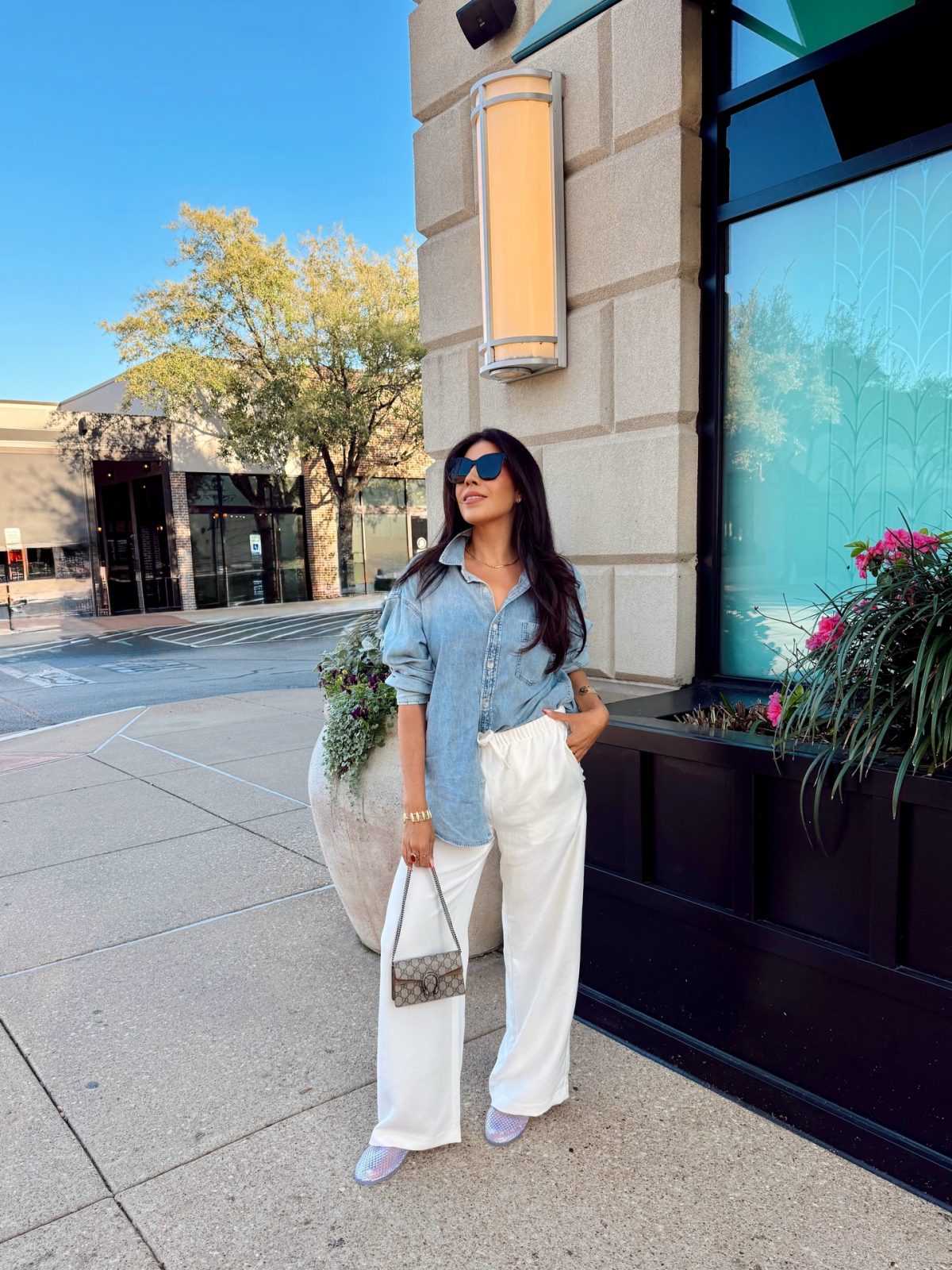 A Light Denim Shirt with White Wide-Leg Pants: Relaxed City Style